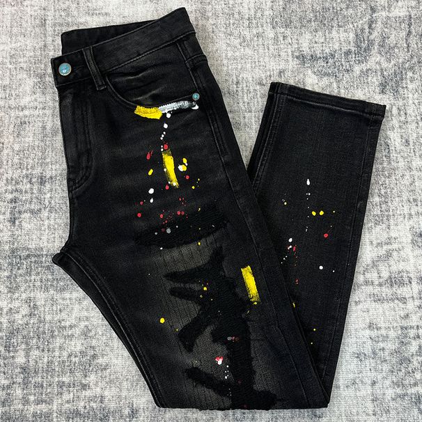 Men's Premium Splatter Paint Distressed Jeans - Slim Straight Stretch Denim Pants With Artistic Rips & Streetwear Edge (28-38)_mkmklike.com