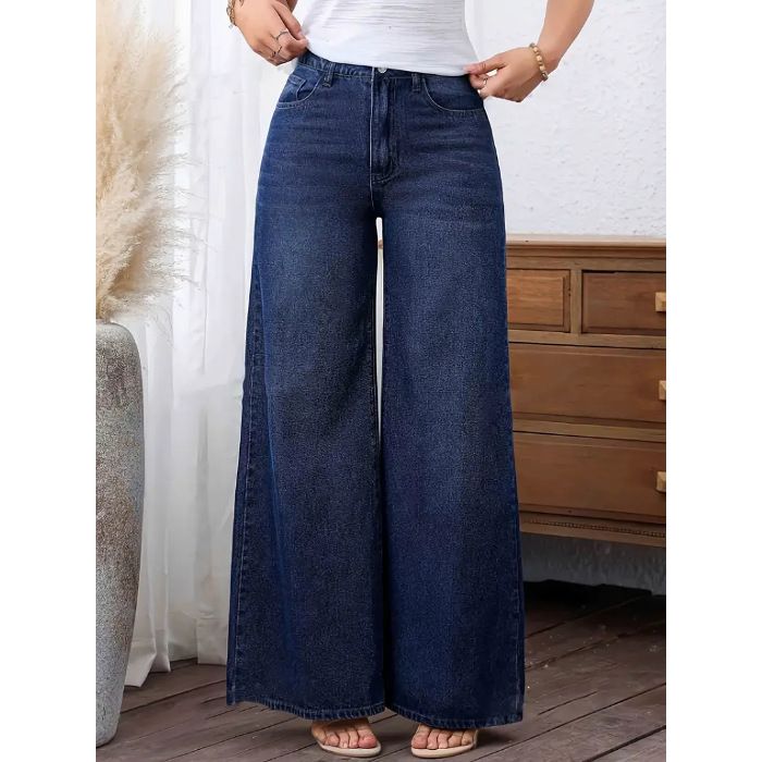 Women's Relaxed Wide-Leg Denim Jeans - Vintage Washed Dark Blue Casual Comfort Jeans (XS/S/M/L/XL)_mkmklike.com