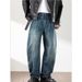 Retro High-Waisted Wide Leg Jeans For Men Blue Washed Distressed Loose Straight Leg High Street Trendy_mkmklike.com