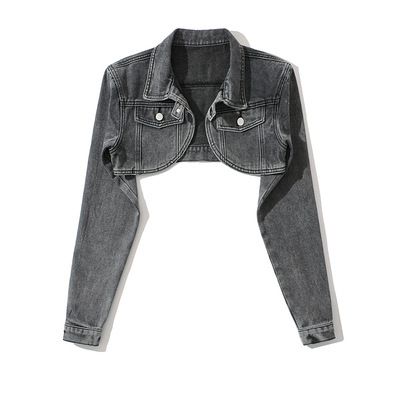 Women’s Cropped Denim Jacket (90s Grunge, High-Waist Biker Style, Raw Edge, Vintage Wash, S-L, Blue/Charcoal, Polo Collar, Cotton Blend)_mkmklike.com