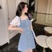 ELLE Square Neck Puff Sleeve Summer Thin Waist Slimming Petite Denim Short Dress_mkmklike.com