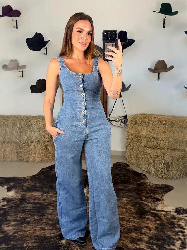 Women's Slim-Fit Denim Jumpsuit Strappy Wide-Leg Romper with Waist Accent_mkmklike.com