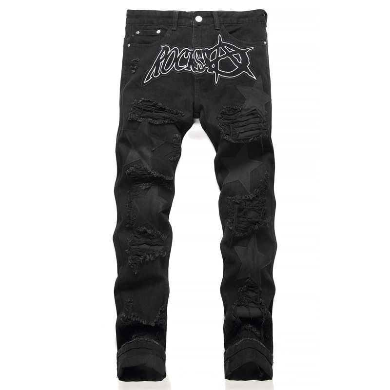 Funny Jeans With Ripped Patches, Black Flowing Whiskers, Elastic Slim Fit, Small Leg Pants, Personalized Men's Pants_mkmklike.com