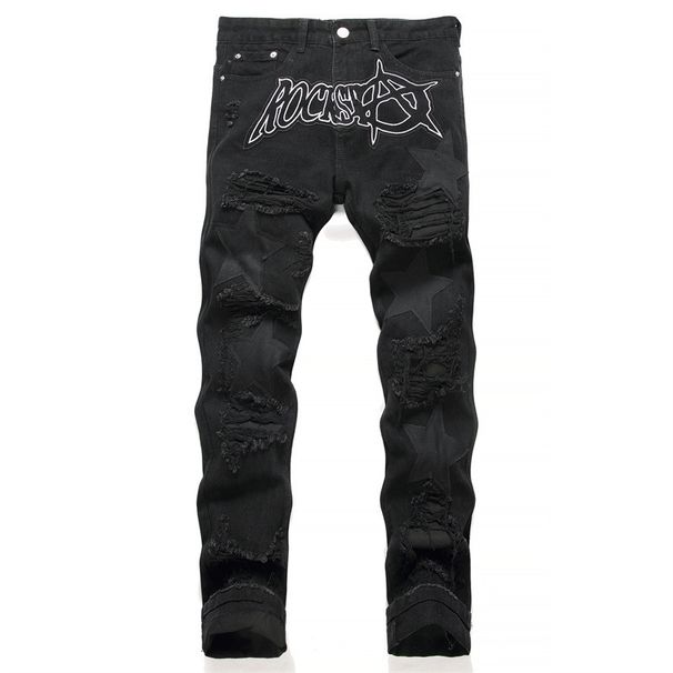 Funny Jeans With Ripped Patches, Black Flowing Whiskers, Elastic Slim Fit, Small Leg Pants, Personalized Men's Pants_mkmklike.com
