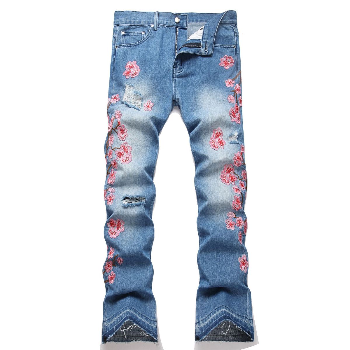 Men's Distressed Flare Jeans With Plum Blossom Embroidery – Vintage Streetwear Denim (Mid-Rise, Bootcut, 90% Cotton)_mkmklike.com