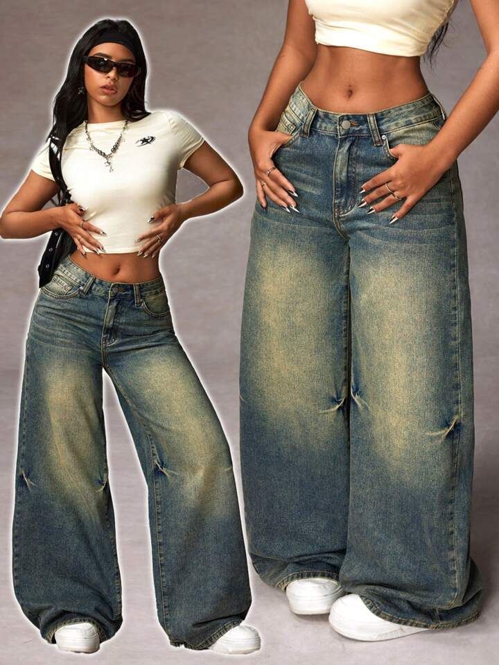 Vintage High Waist Wide Leg Jeans For Women - Retro Loose Fit Denim Pants With Washed Effect, Olive Green Straight Leg Trousers_mkmklike.com