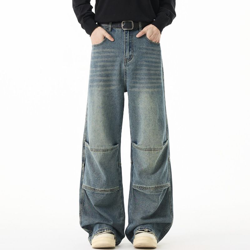Nordmann Muqiu Clothing | American Street Hip-Hop Wrinkled Paratrooper Vintage Jeans Men's Loose Draped Wide-Leg Pants_mkmklike.com