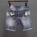 Men's Mid-Length Distressed Denim Shorts Trendy Brand High End Thin Patchwork Low Waist Elastic Five-Point Blue Jeans_mkmklike.com