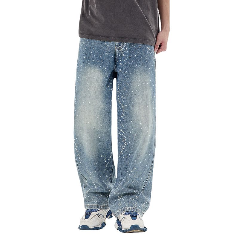 Men's Spray Paint & Rhinestone Denim Jeans – Oversized Streetwear Trousers | Loose Fit High Waist Straight Leg Pants For Hip-Hop & Y2k Fashion_mkmklike.com