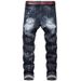 Men's Clothing Stretch Black Jeans Motorcycle Style Patchwork Loose Fit Straight Leg Denim Mid Waist Long Cotton Non-Stretch Machine Washable_mkmklike.com