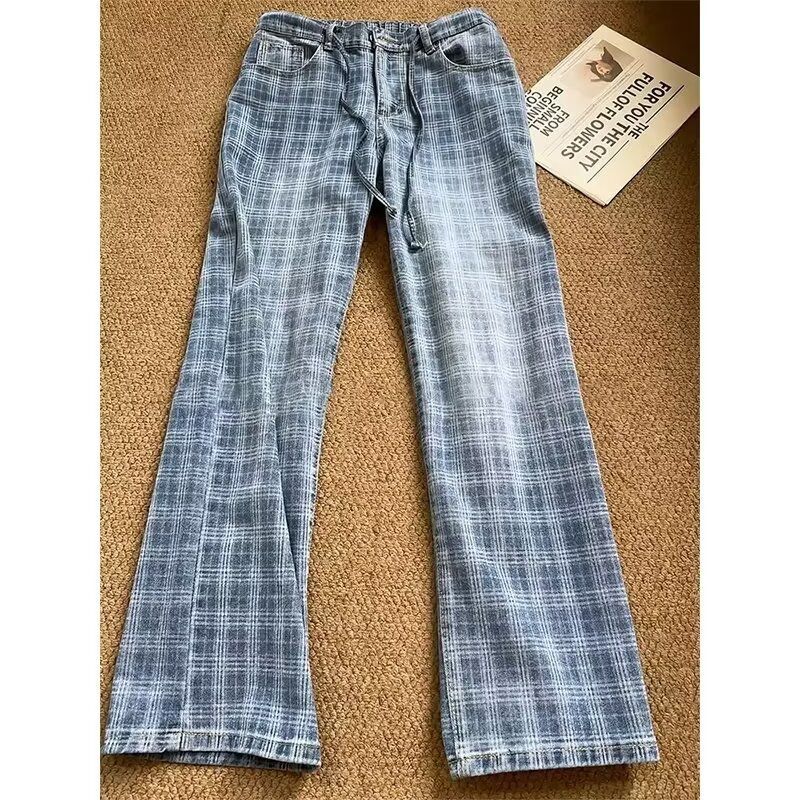Men's Plaid Jeans Trendy New Style Cool And Stylish High Street Fashion Versatile Design Fashionable Casual Trousers_mkmklike.com