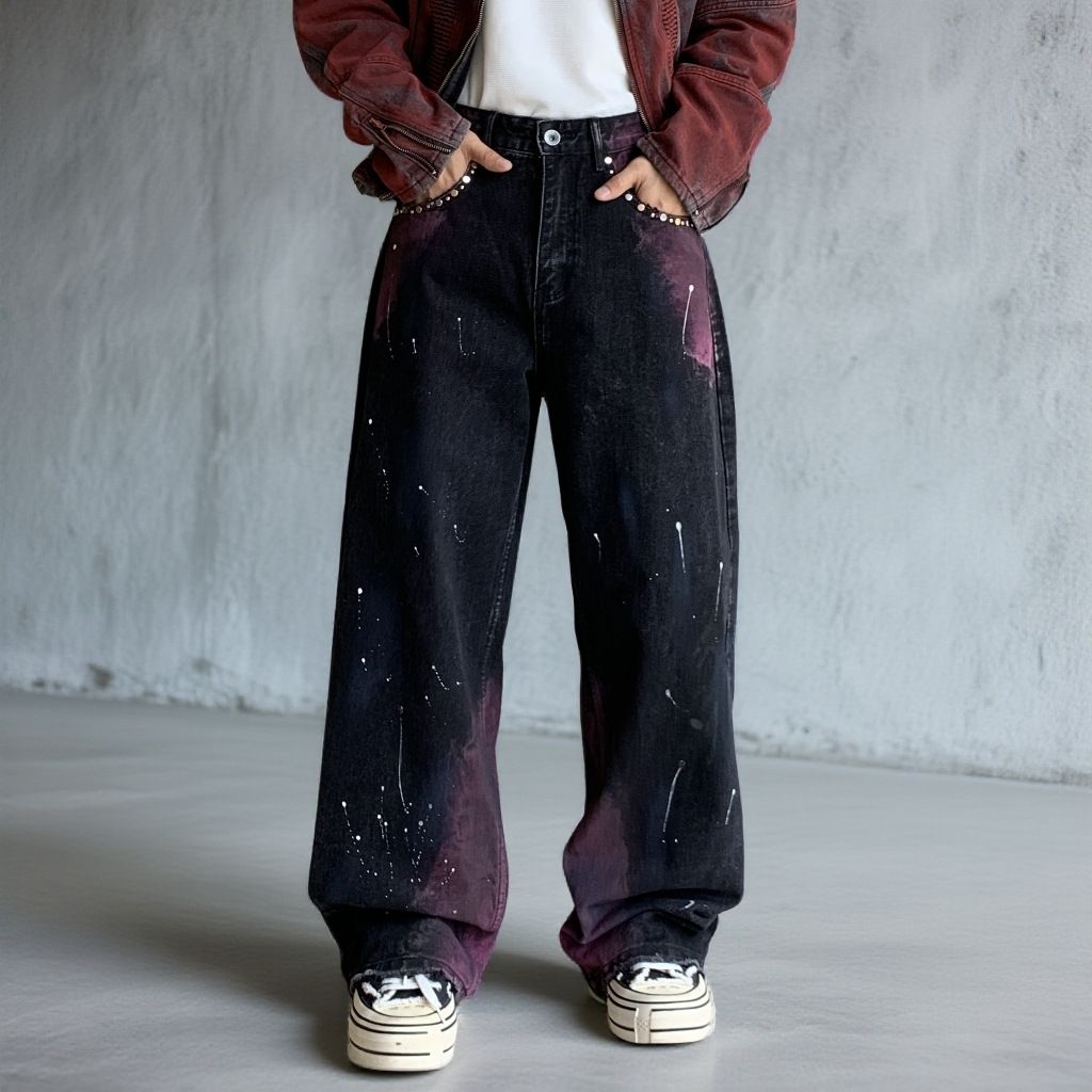 Men's Loose Straight-Leg Jeans With Aurora Purple Wash & Hand-Brushed Details Hand-Brushed Distressing_mkmklike.com