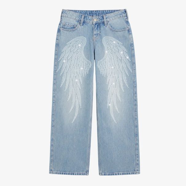High Waisted Straight Leg Rhinestone Wings Jeans for Women Cross Border Wholesale to Europe And America_mkmklike.com