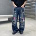 Men's High-Street Jeans – Oversized Straight-Leg Denim Pants With Leather Cross Embroidery & Hand-Painted Details – Vintage Low-Rise Wide-Leg Trousers_mkmklike.com