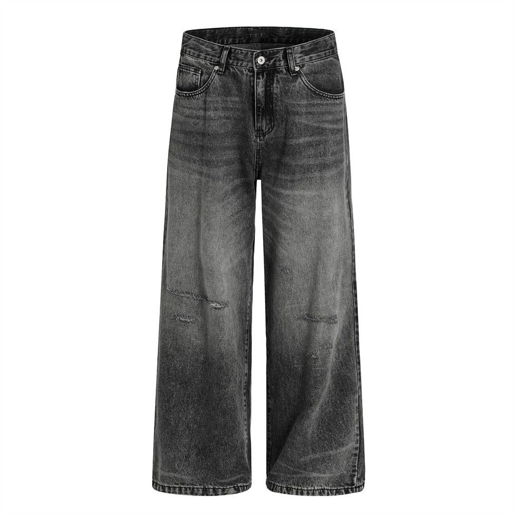 American Gradient Washed White Jeans Punk Distressed Loose Wide-Leg Straight Long Pants Men's Trend_mkmklike.com