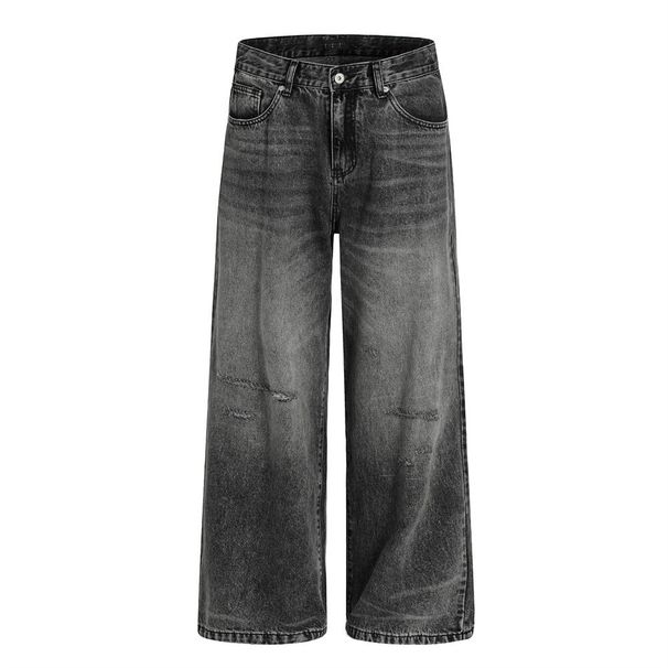 American Gradient Washed White Jeans Punk Distressed Loose Wide-Leg Straight Long Pants Men's Trend_mkmklike.com