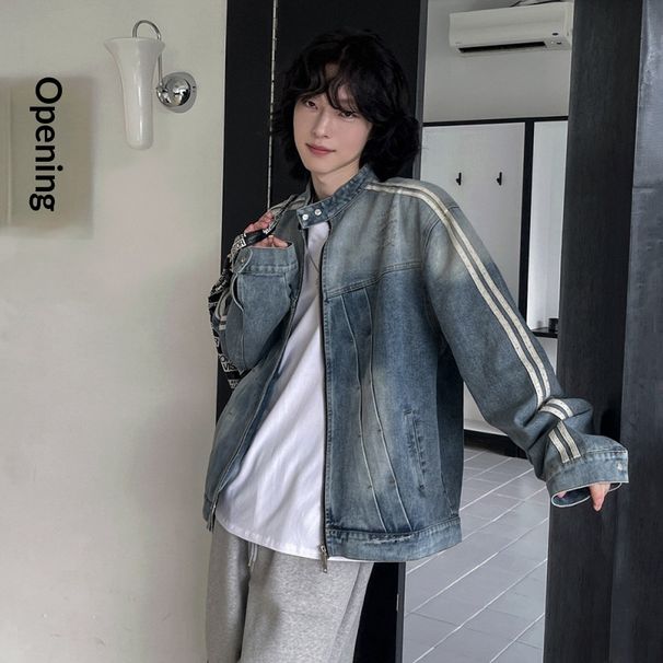 MYQ Double Bar Stand Collar Denim For Men Spring Loose Cool Jacket Korean Style Trendy High-end Feel Outfit_mkmklike.com
