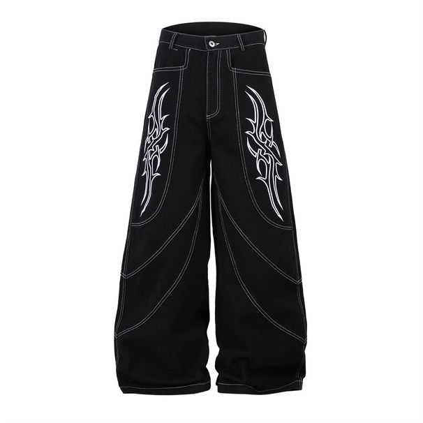 Unique Niche Flame Pattern Embroidered Jeans For Men Trendy Design Split Stitching Topstitch Wide-Leg Pants_mkmklike.com