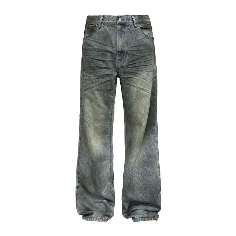 Vintage Unisex Distressed Denim Jeans With Heavy Washed & Dirty Oil Stain Effect - Straight Cut High Street Fashion For Men & Women_mkmklike.com
