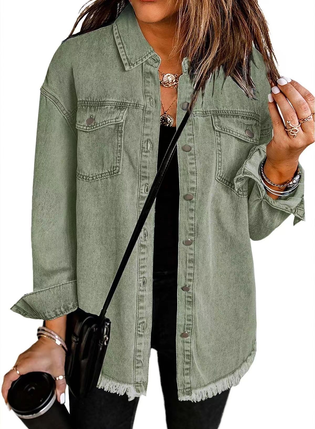 Women's Distressed Denim Shirt Jacket With Raw Hem - Vintage Washed Cotton Overshirt For Casual Streetwear_mkmklike.com