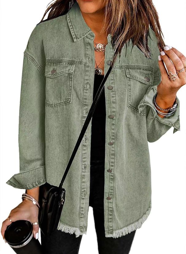 Women's Distressed Denim Shirt Jacket With Raw Hem - Vintage Washed Cotton Overshirt For Casual Streetwear_mkmklike.com