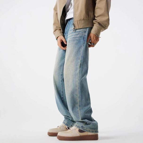 Men's Clothing Retro Washed Denim Jeans Straight Leg Loose Fit Trousers For Men And Women High End Style Niche Design Cool And Edgy Wide Leg_mkmklike.com
