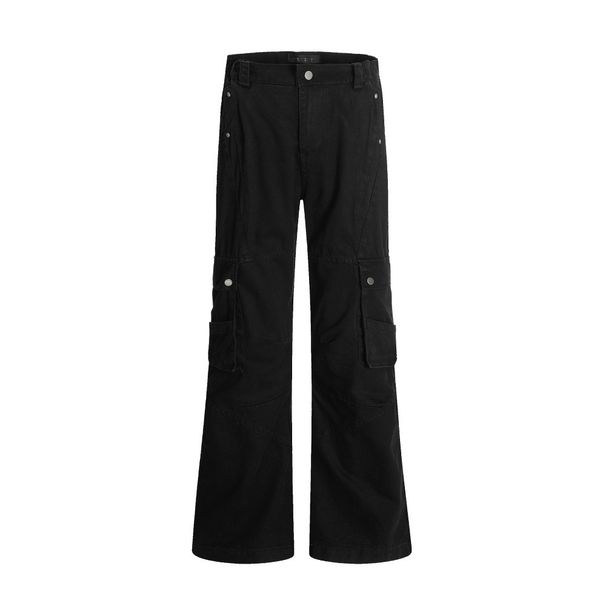 Vibe Trendy Brand Workwear Denim Flared Men's Multi-Pocket Design Deconstructed Split Vintage Washed Long Pants_mkmklike.com