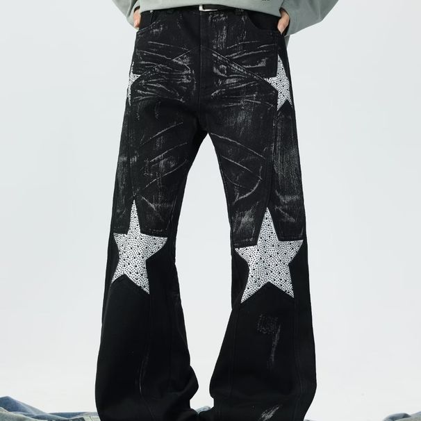 Retro Star Embroidered Jeans – Black High-Street Flared Denim Pants With Rhinestone Accents (S-3XL)_mkmklike.com