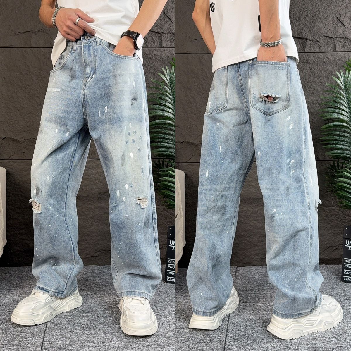 Men's Wide Leg Ripped Jeans American High Street Style Casual Spring Summer Trendy Loose Straight Polka Dots Jeans_mkmklike.com