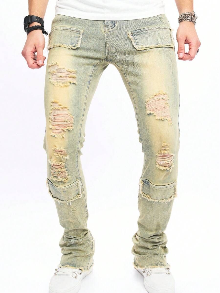 Men's Clothing High Quality Men's Ripped Jeans New Jeans Patch Ripped Slightly Elastic Real Business Denim Casual Pants_mkmklike.com