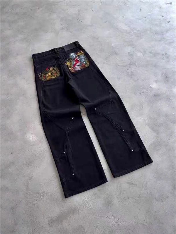 "Men's Vintage Embroidered Distressed Jeans - Loose Straight Fit Denim Pants With Retro Pattern & Avant-Garde Design For Casual Streetwear"_mkmklike.com