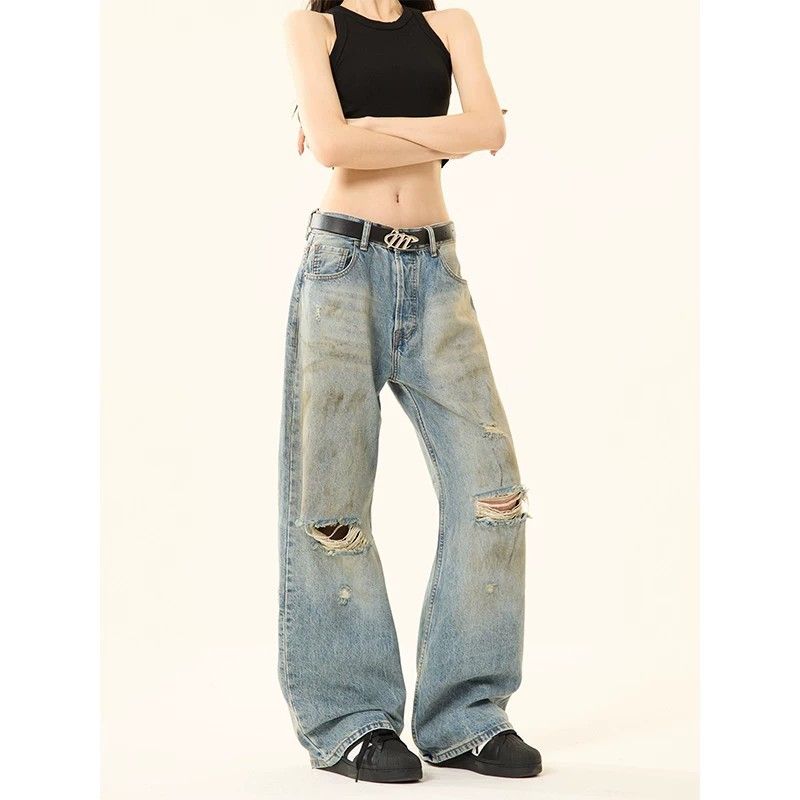 Retro American Washed Denim Straight Leg Jeans Distressed Ripped Loose Fit for Men And Women Summer Trendy Street Style_mkmklike.com