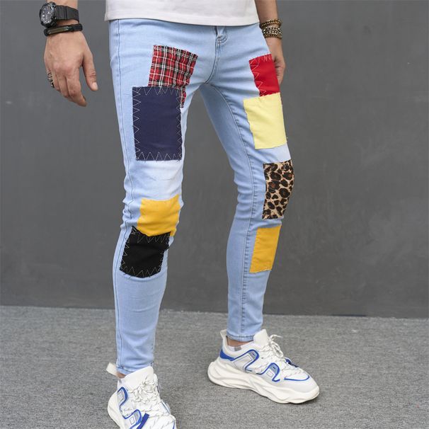REPPUNK Men's Slim Fit Light Blue Distressed Denim Jeans With Patchwork, Straight Leg Casual Pants For Teenagers_mkmklike.com
