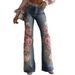 Vintage Pink Rose Embroidery Art Print Flare Jeans For Women - High Waisted Stretch Denim Pants With Floral Design_mkmklike.com