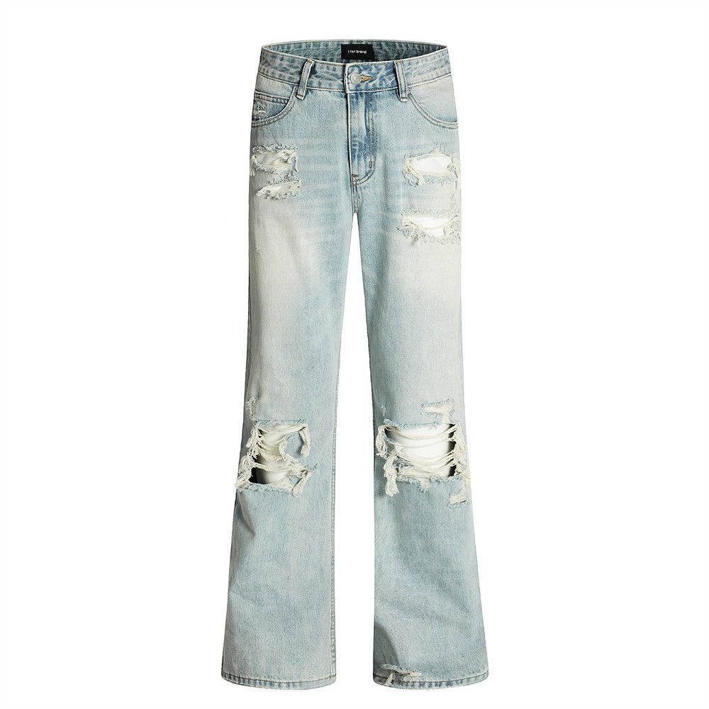 Wasteland Beggar Ripped Vibe Hippie Trend Vintage Gradient Washed Denim Flared Jeans Men's Long Pants_mkmklike.com