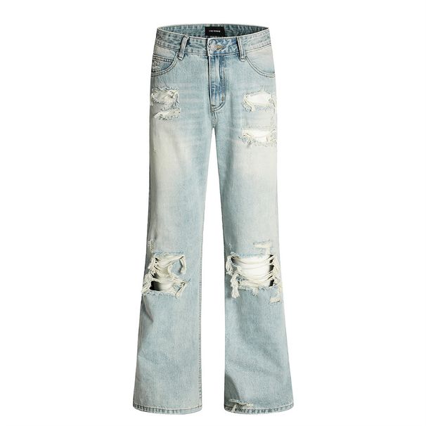Wasteland Beggar Ripped Vibe Hippie Trend Vintage Gradient Washed Denim Flared Jeans Men's Long Pants_mkmklike.com