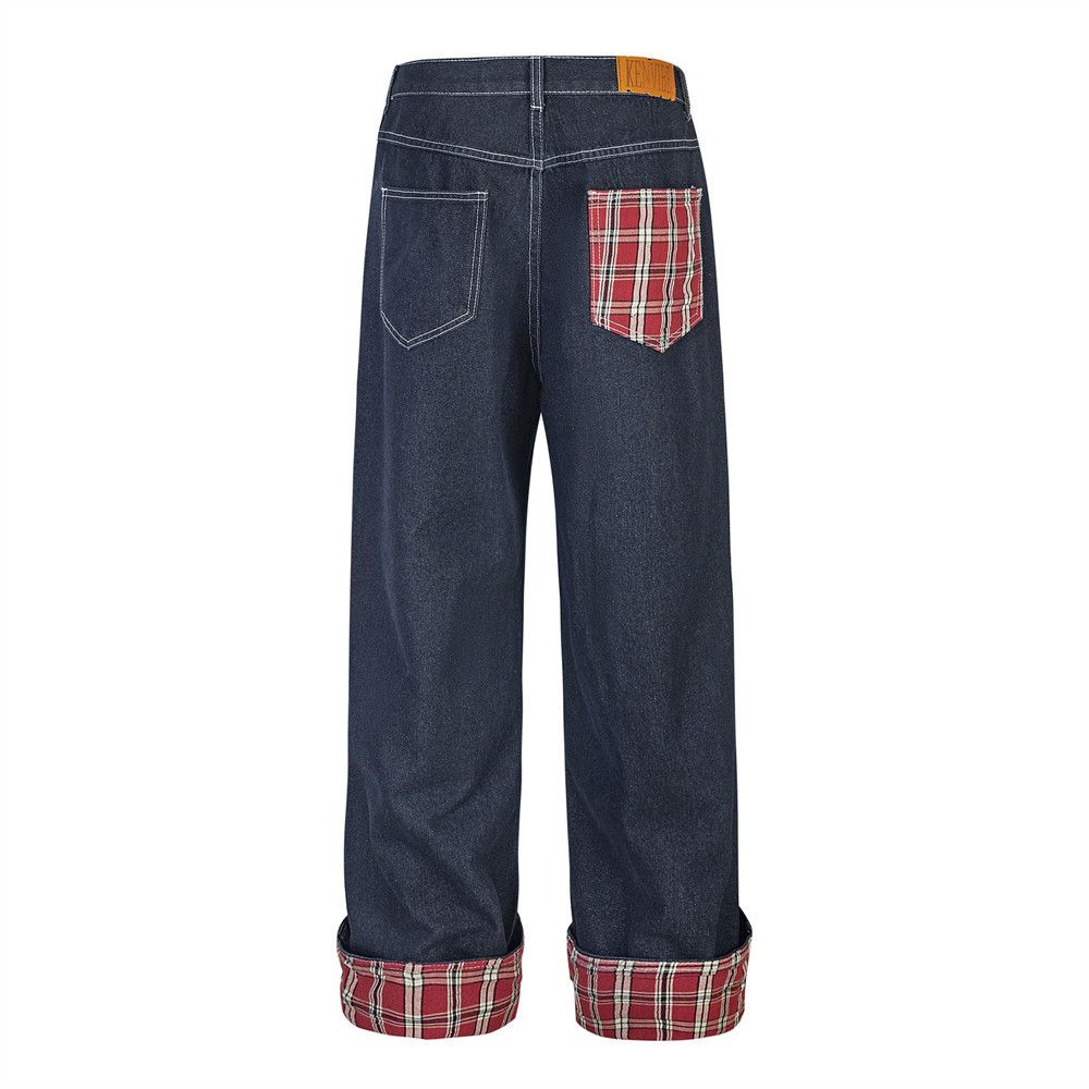 Color-Block Plaid Pocket Rolled Hem Denim Straight-Leg Men's Trendy Brand Design Sense Cuffed Niche Loose Wide-Leg Pants_mkmklike.com