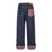 Color-Block Plaid Pocket Rolled Hem Denim Straight-Leg Men's Trendy Brand Design Sense Cuffed Niche Loose Wide-Leg Pants_mkmklike.com