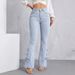 Light Blue Washed Lace up Flared Jeans for Women Slim Fit Floor Length Drawstring Hem YT10_mkmklike.com