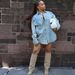 Women's Oversized Denim Jacket – Long Sleeve Patchwork Streetwear Coat With Distressed Details (S-3XL, Light Blue, Urban Unisex Fit, Polyester Blend)_mkmklike.com