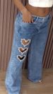 Women's Distressed Heart-Cutout Jeans - Diamond Studded Wide Leg Denim Pants, Vintage Washed Straight Fit For Casual & Streetwear_mkmklike.com