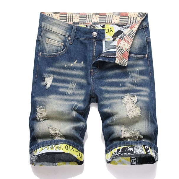Men's Vintage Wash Distressed Denim Shorts, Stretch Slim Fit Knee-Length Ripped Jeans Shorts For Men, Retro Casual Cargo Shorts_mkmklike.com