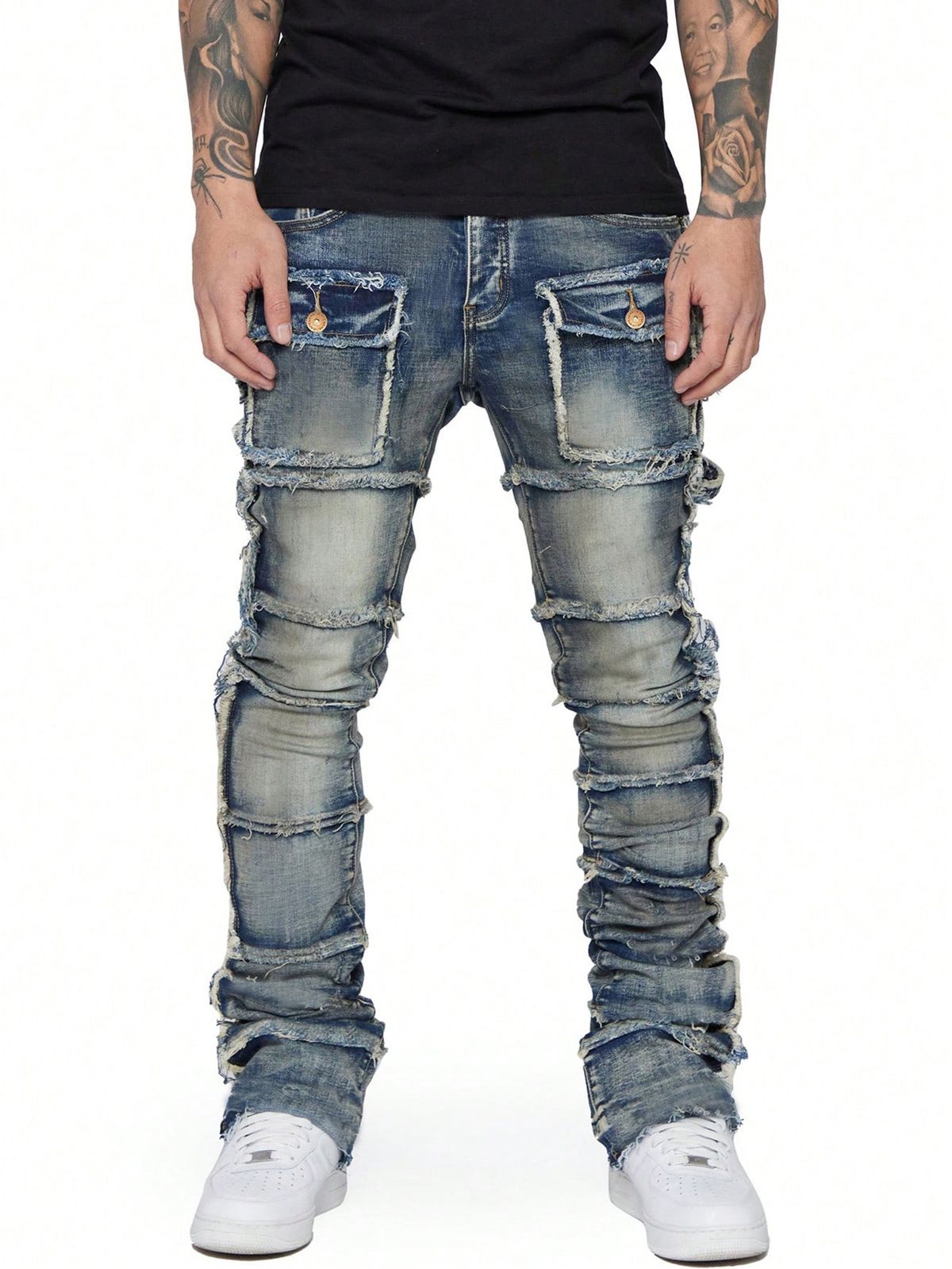 Men's Clothing Men's Denim Workwear Straight Pants Fashion Ins Hot Selling Elastic Patch Denim Layered Flared Men's Pants_mkmklike.com