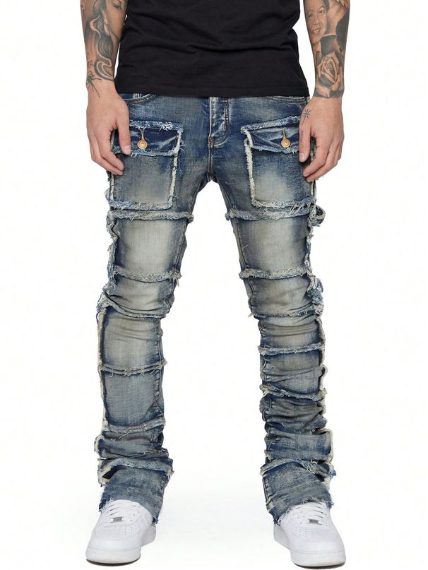 Men's Clothing Men's Denim Workwear Straight Pants Fashion Ins Hot Selling Elastic Patch Denim Layered Flared Men's Pants_mkmklike.com