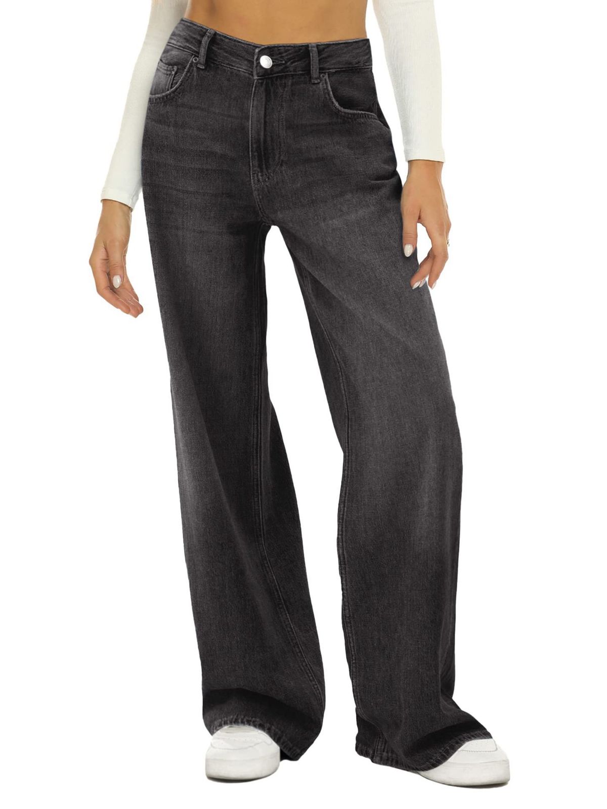 Trendy Distressed High-Waisted Wide Leg Jeans For Women – Comfortable Stretch Denim, Streetwear & Casual Style (Black/White/Gray/Navy/Light Blue)_mkmklike.com