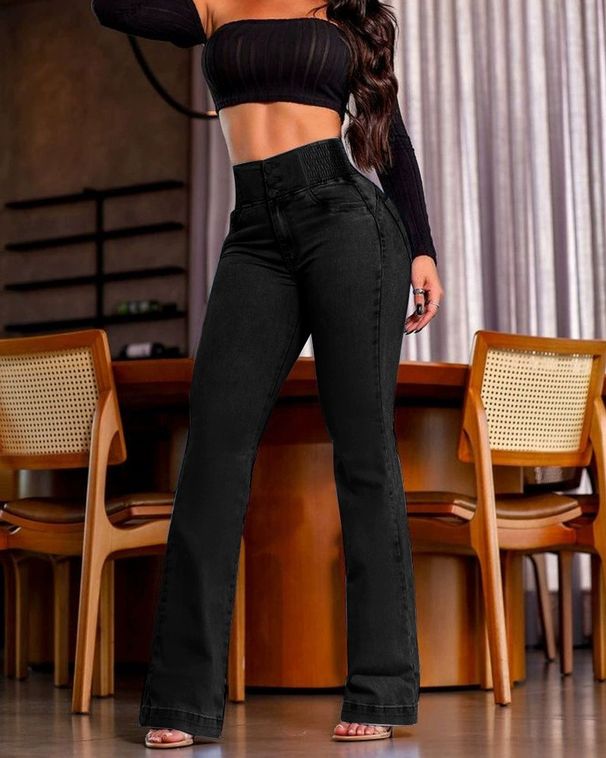 Stretch High-Waisted Flare Jeans – Gothic-Inspired Denim Pants With Elastic Waistband, Slim Fit & Booty-Lifting_mkmklike.com