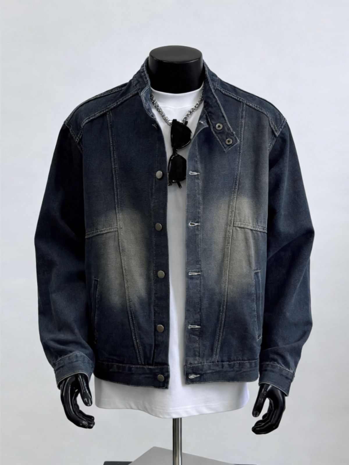 Men's Japanese Retro Washed Distressed Denim Jacket Heavyweight Stand up Collar Street Style Loose Casual Spring Autumn_mkmklike.com