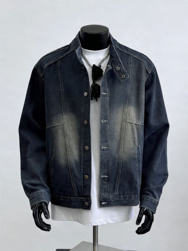 Men's Japanese Retro Washed Distressed Denim Jacket Heavyweight Stand up Collar Street Style Loose Casual Spring Autumn_mkmklike.com