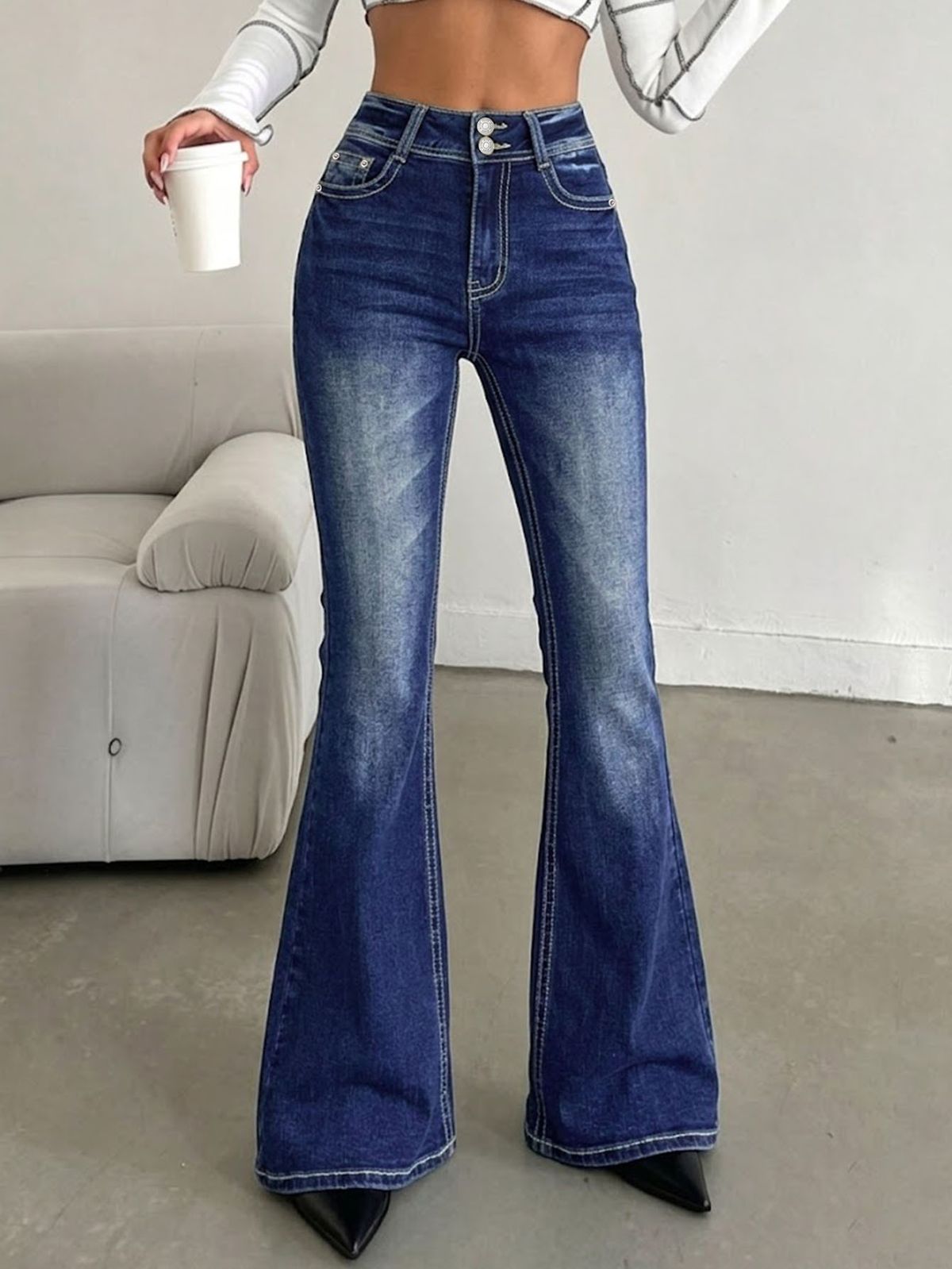 Women's High Waist Double Button Flared Jeans L1052 American Style Dark Blue Washed Slim Fit Floor Length Elastic Pants_mkmklike.com
