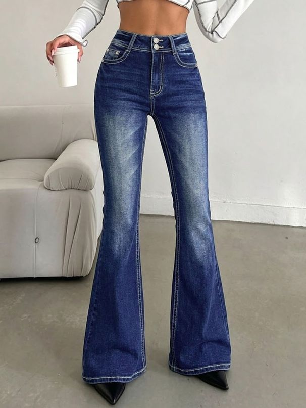 Women's High Waist Double Button Flared Jeans L1052 American Style Dark Blue Washed Slim Fit Floor Length Elastic Pants_mkmklike.com